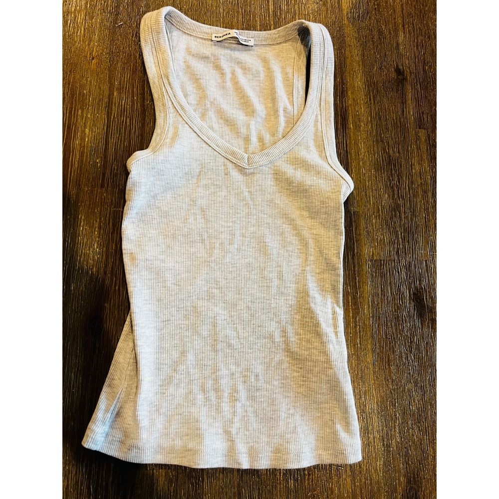 Bershka Womens V-Neck Ribbed Tank Top Light Gray XS Sleeveless Basic Camisole